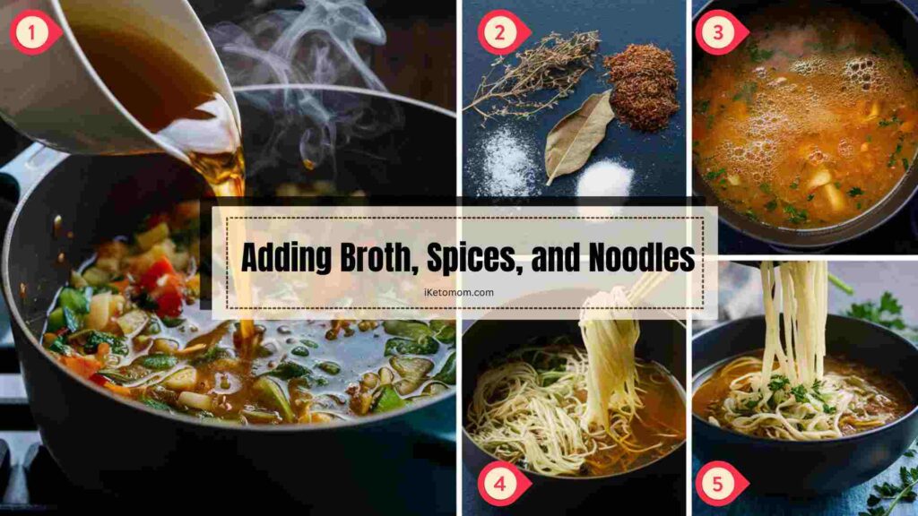 Adding Broth, Spices, and Noodles