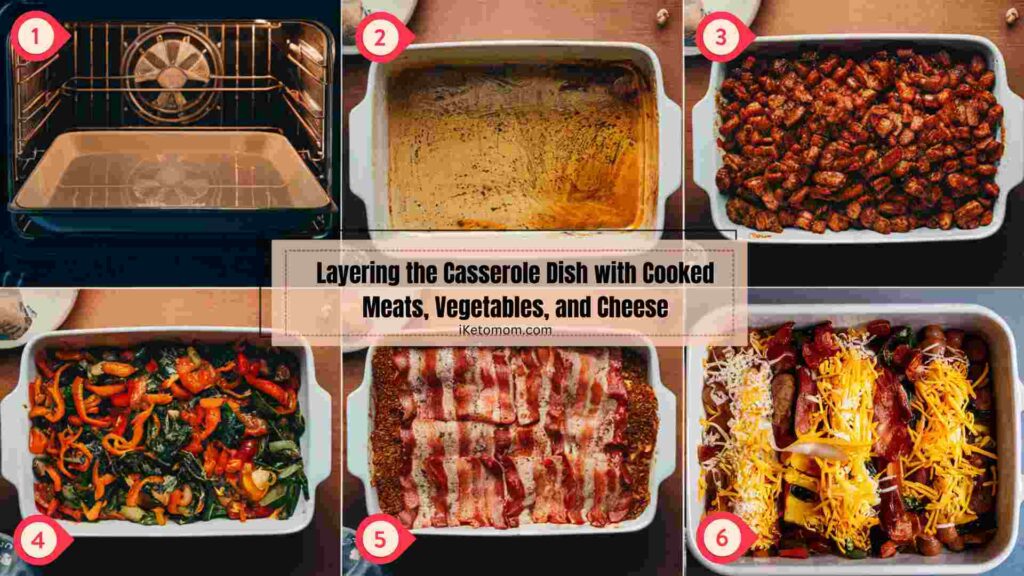 Layering the Casserole Dish with Cooked Meats, Vegetables, and Cheese