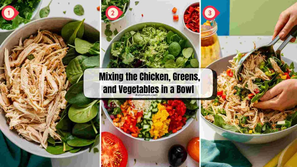 Mixing the Chicken, Greens, and Vegetables in a Bowl
