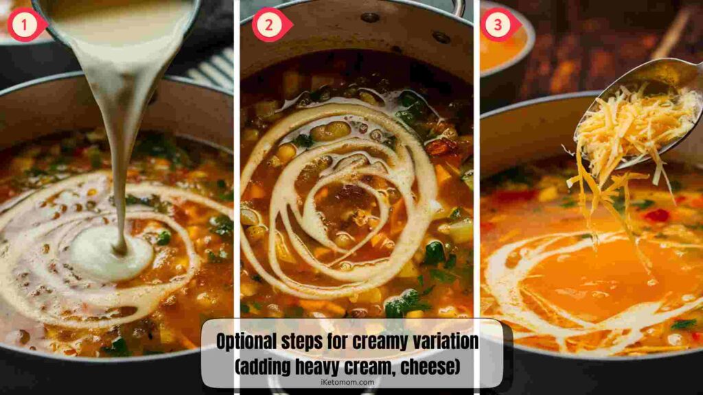 Optional steps for creamy variation (adding heavy cream, cheese)