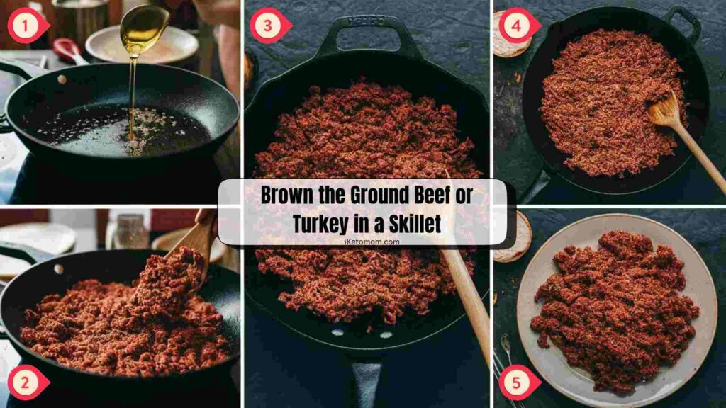 Brown the Ground Beef or Turkey in a Skillet