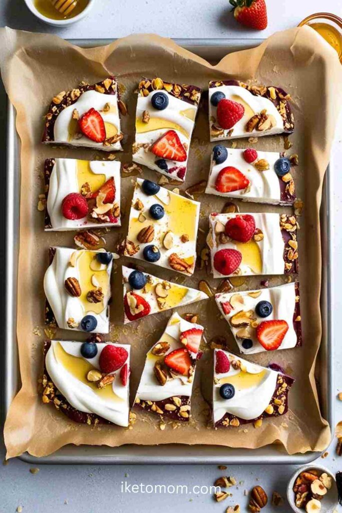 High Protein Snack Ideas Frozen Yogurt Bark with Nuts and Berries