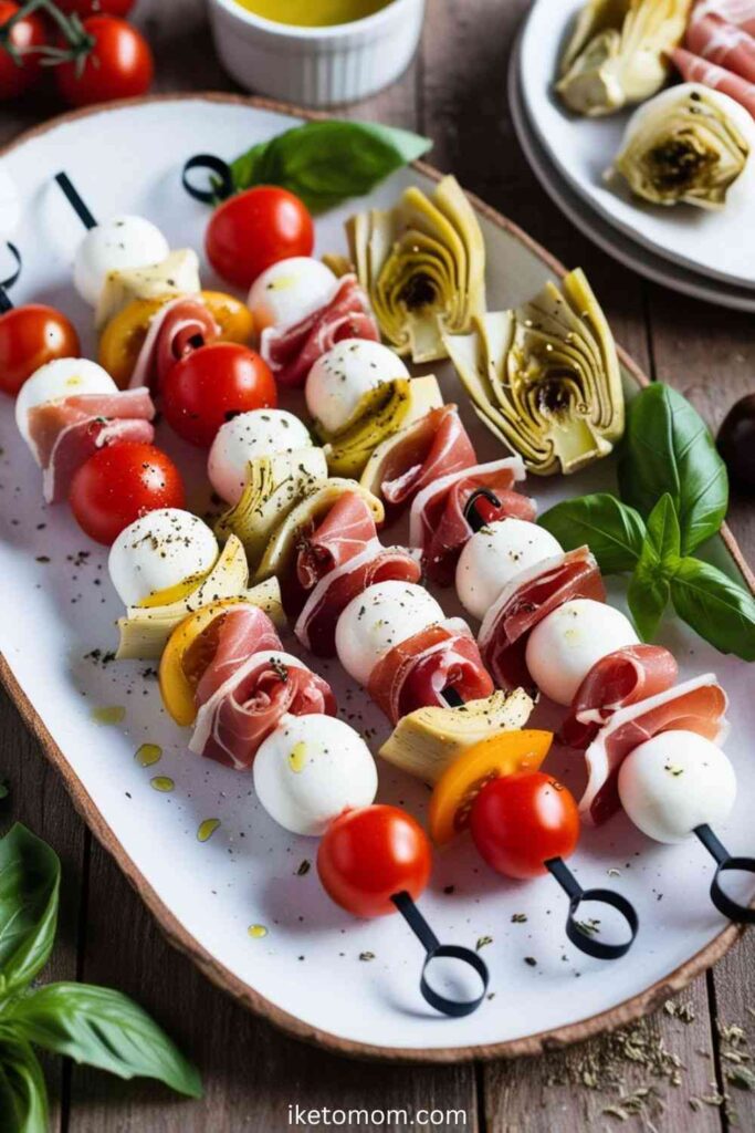 Low Carb Italian Recipes Antipasto Skewers with Mozzarella & Prosciutto