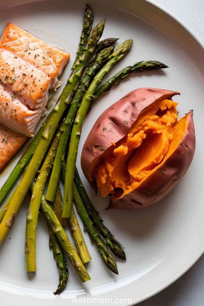 Baked Salmon with Asparagus and Sweet Potato