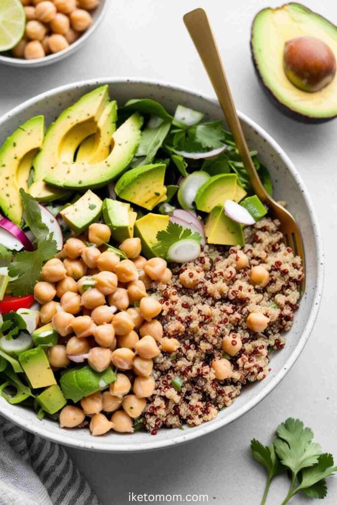 High Protein Veggie Lunch Ideas Chickpea Salad with Avocado and Quinoa