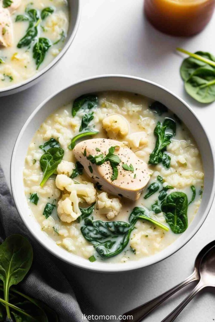 Low Carb Chicken Cauliflower Rice Soup Recipe Creamy Chicken Cauliflower Rice & Spinach Soup