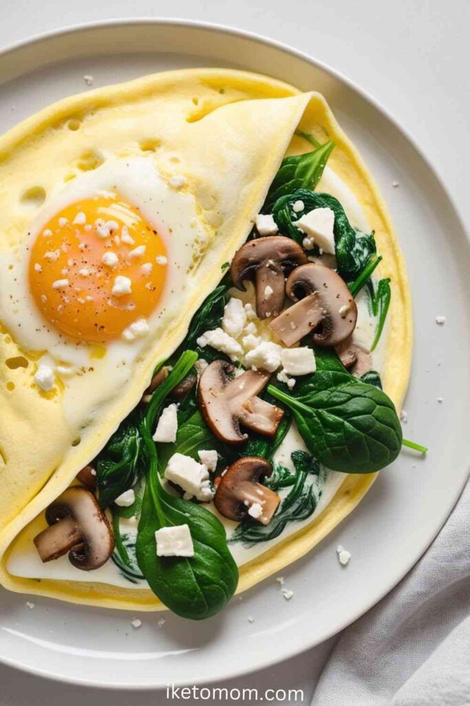 High Protein Dinner Foods Ideas Egg White Omelette with Spinach, Mushrooms, and Feta Cheese