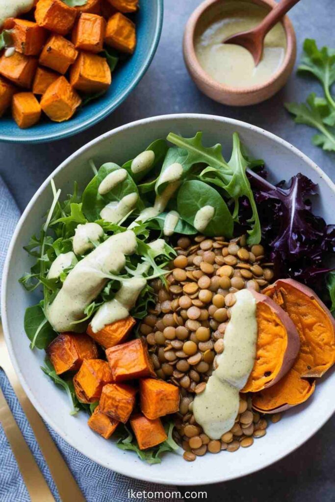 High Protein Veggie Lunch Ideas Lentil and Sweet Potato Buddha Bowl