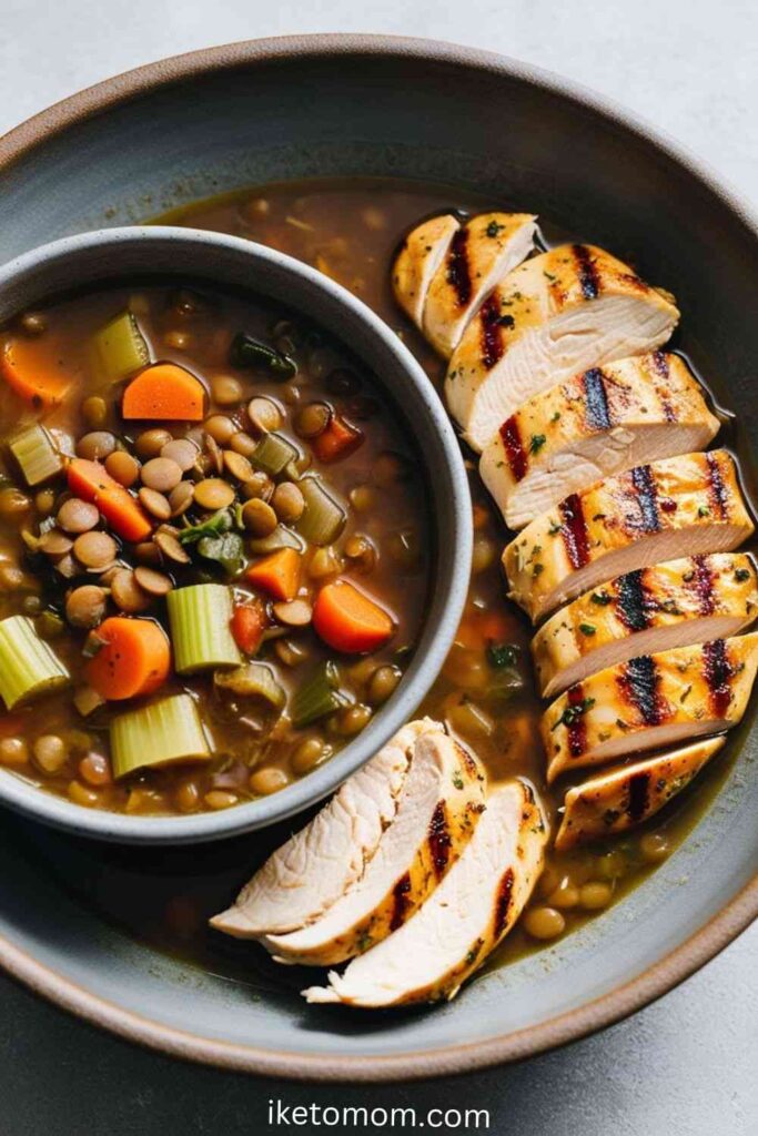 High Protein Dinner Foods Ideas Lentil and Vegetable Soup with Grilled Chicken