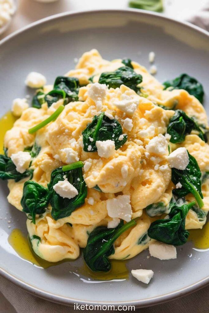 Easy High Protein Breakfast Ideas Scrambled Eggs with Spinach and Feta