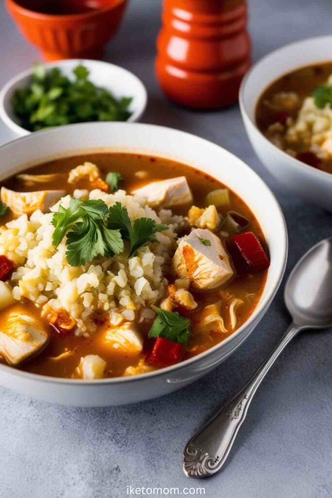 Low Carb Chicken Cauliflower Rice Soup Recipe Spicy Keto Chicken Cauliflower Rice Soup with Chili