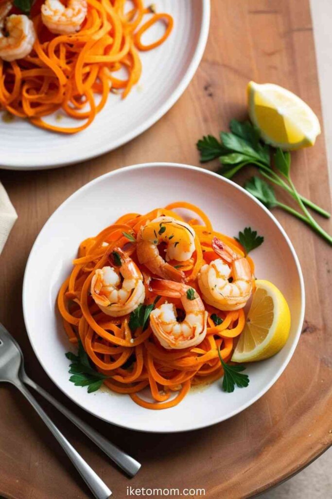 Spiralized Sweet Potato Noodles with Garlic Shrimp