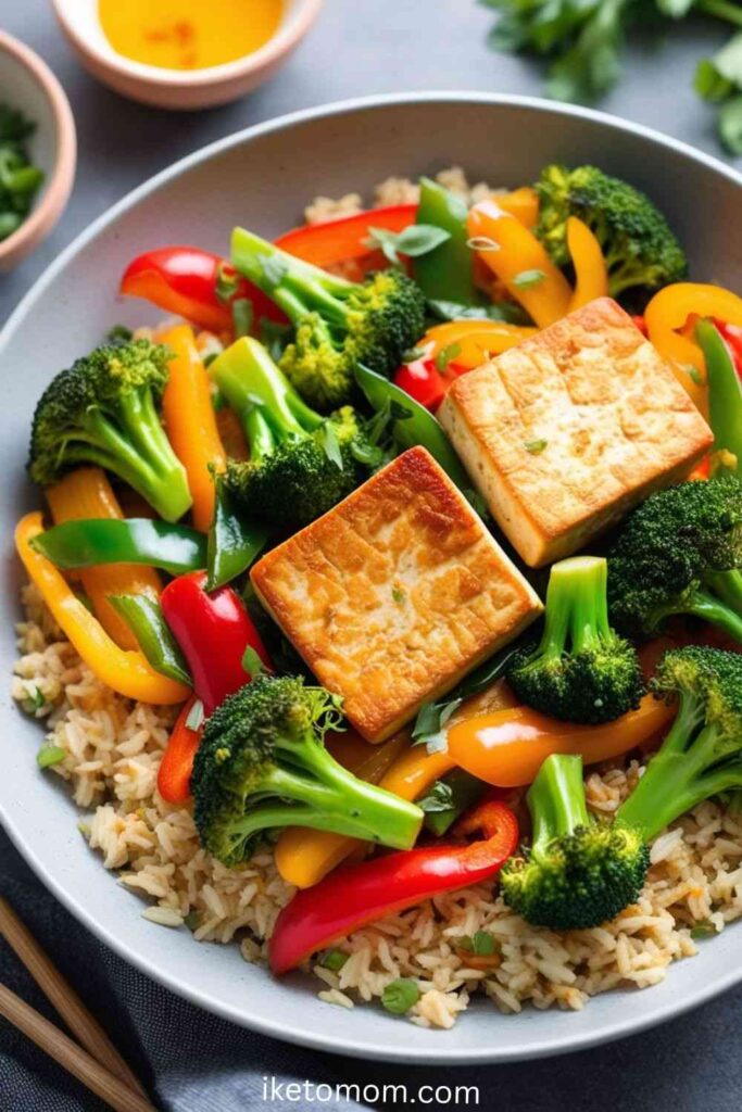 Tofu Stir-fry with Broccoli, Bell Peppers, and Rice