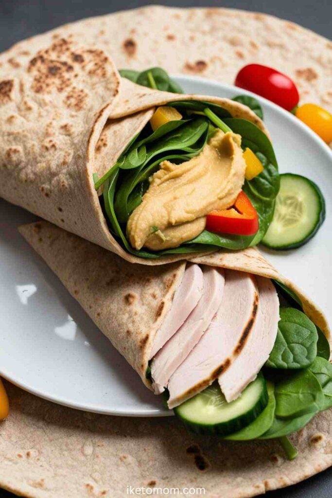 High Protein Lunch Food Ideas Turkey and Hummus Wrap