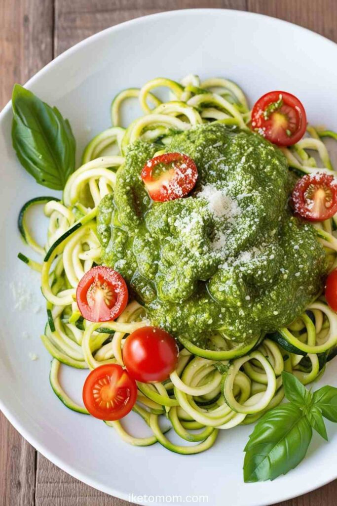 Low Carb Pasta​ Recipes Zucchini Noodles with Pesto and Cherry Tomatoes