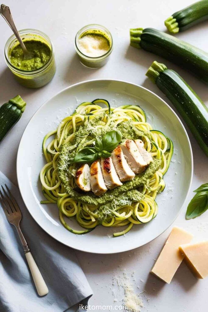 Zucchini Noodles with Pesto and Grilled Chicken