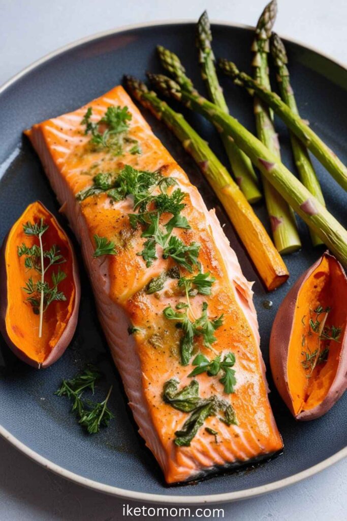 Baked Salmon with Asparagus and Sweet Potato