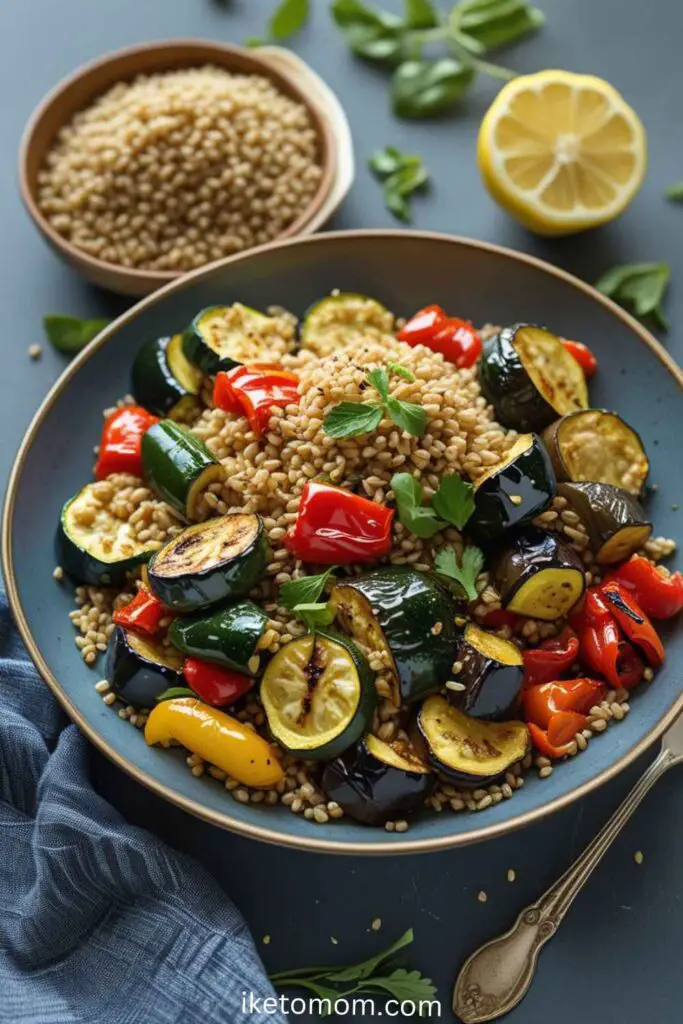 High Fiber Healthy Food Ideas Bulgur Wheat and Roasted Vegetable Bowl
