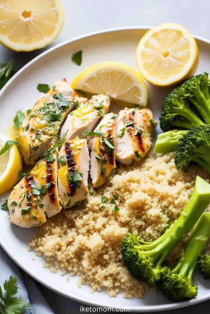 Dinner Recipes Under 500 Calories​​​ Grilled Lemon Herb Chicken with Quinoa and Steamed Broccoli