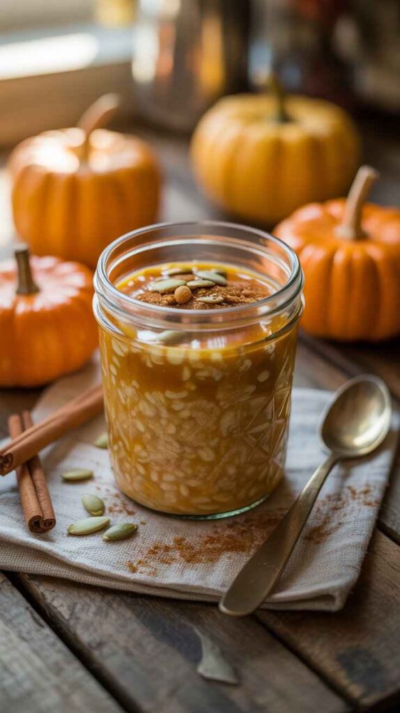 A cozy autumn-inspired breakfast scene featuring a glass jar filled with creamy maple pumpkin spice overnight oats. The oats have a rich orange hue, topped with a drizzle of maple syrup, a sprinkle of pumpkin spice, and a few pumpkin seeds. Surrounding the jar are small pumpkins, cinnamon sticks, and a wooden spoon on a rustic wooden table with warm, golden morning light. Style: food photography, cozy fall aesthetic, natural lighting, soft focus, inviting atmosphere.