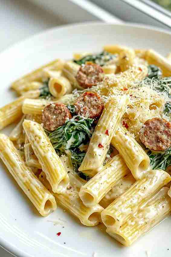 Classic Creamy Sausage and Spinach Pasta
