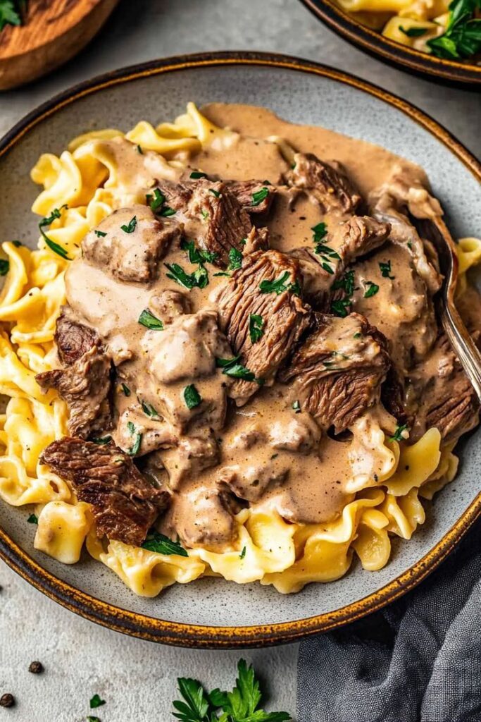 Classic Beef Stroganoff over Egg Noodles