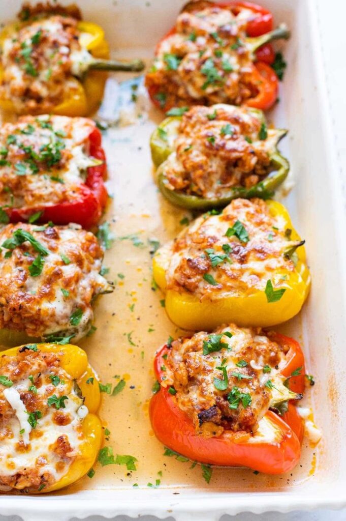 Creamy Red Pepper Chicken Stuffed Peppers