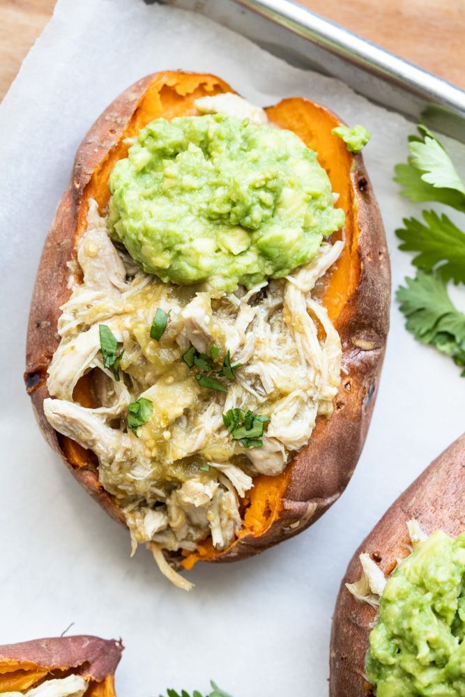 Slow Cooker Salsa Verde Chicken Stuffed Sweet Potatoes